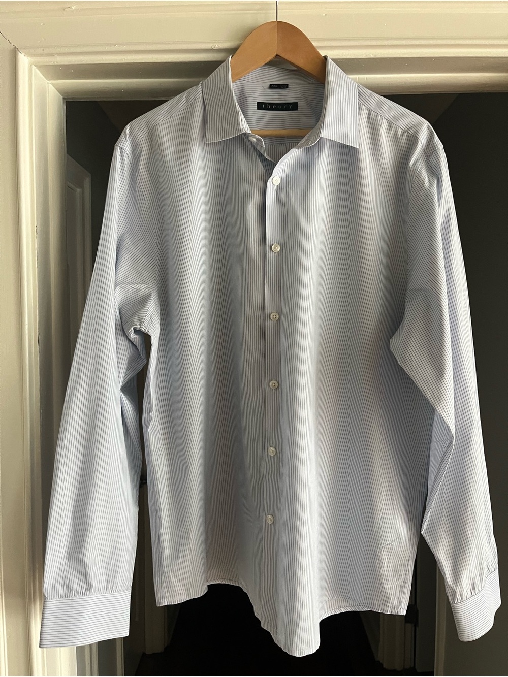 Theory Men's Blue Pinstripe Dress Shirt